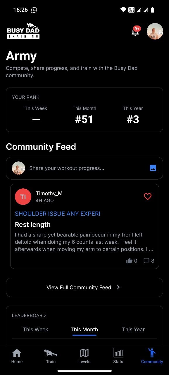 Busy Dad Training app community screen with leaderboard rank and the Busy Dad Army feed