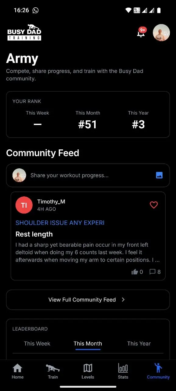 Busy Dad Training app community screen with leaderboard rank and the Busy Dad Army feed