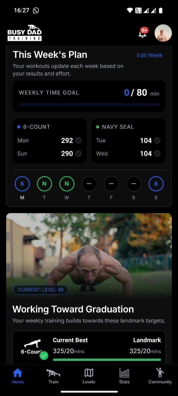 Busy Dad Training app home screen with the weekly plan, rep targets and 80-minute weekly goal