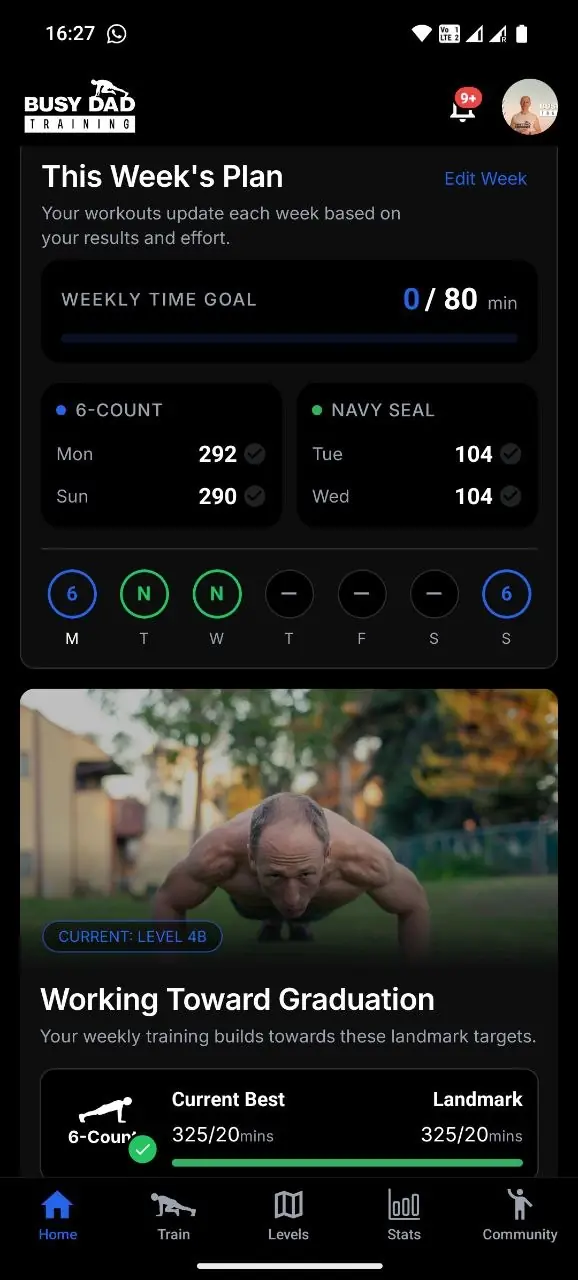 Busy Dad Training app home screen with the weekly plan, rep targets and 80-minute weekly goal