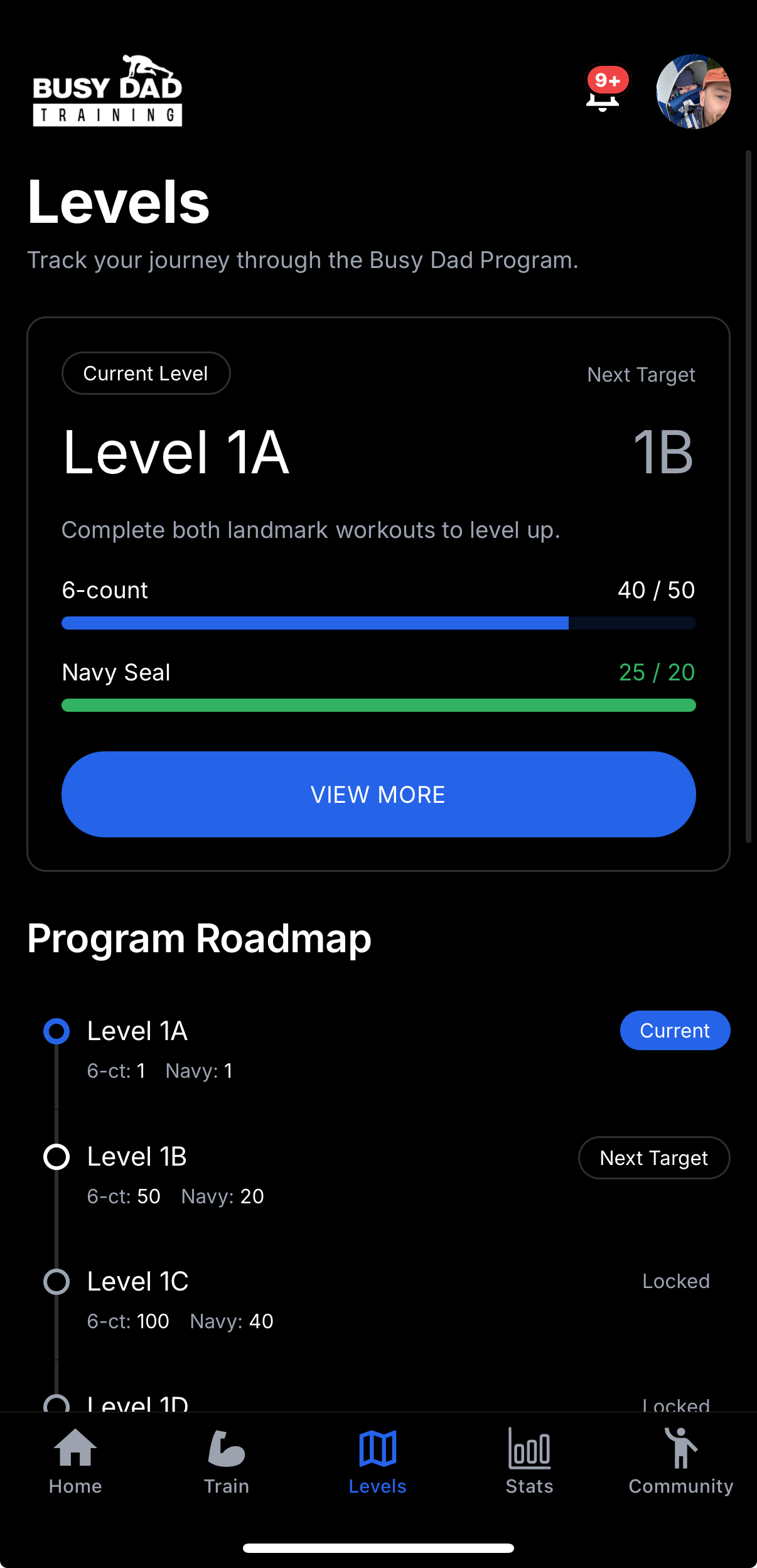 Busy Dad Training app levels screen