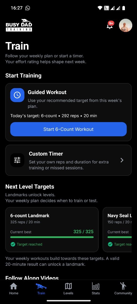 Busy Dad Training app train screen with a guided 20-minute 6-count workout ready to start